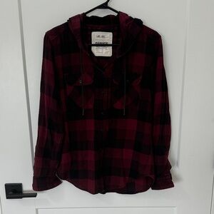 Garage Burgundy and Black Plaid Hooded Button-Up